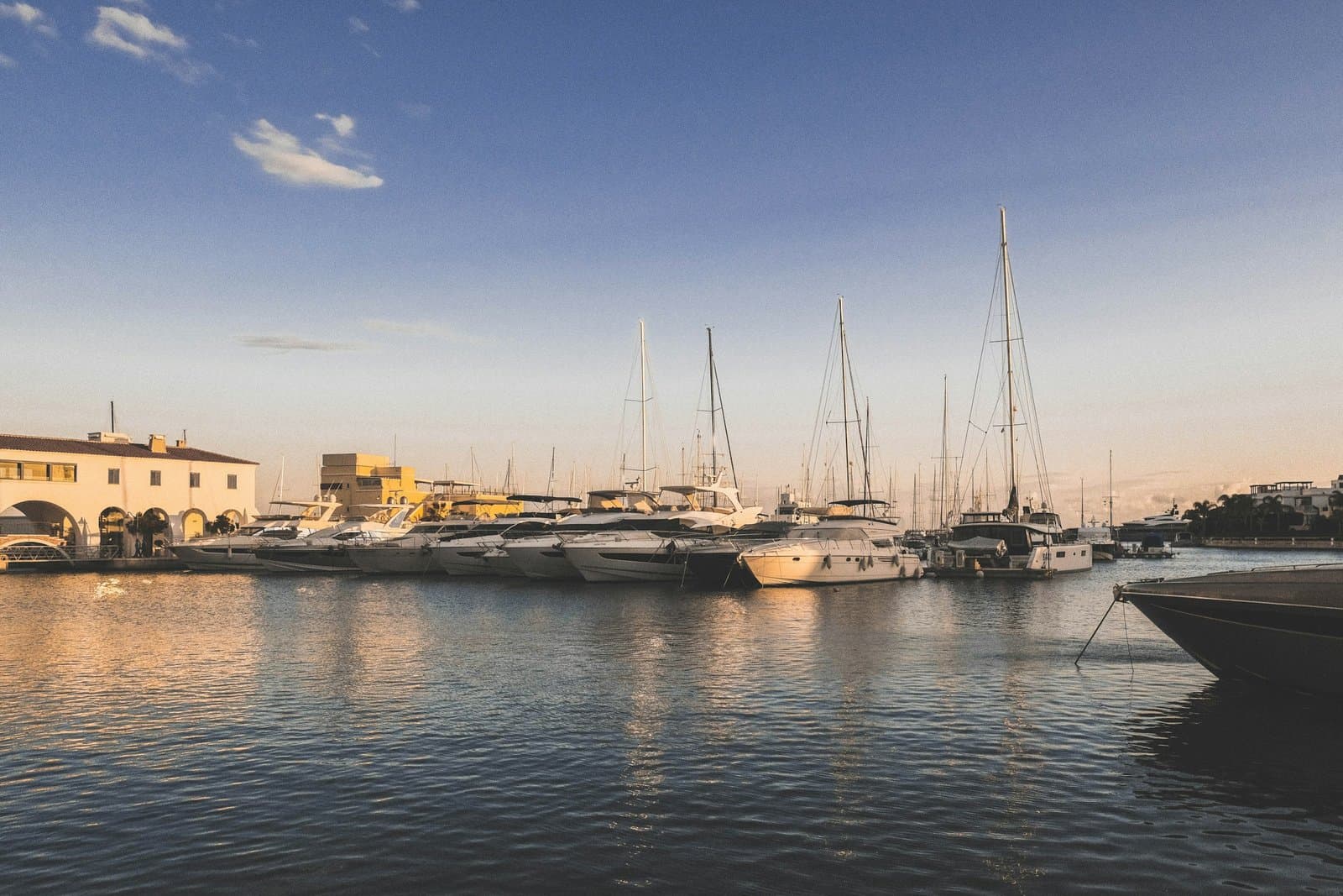 Yachts moored in Limassol Marina at golden hour