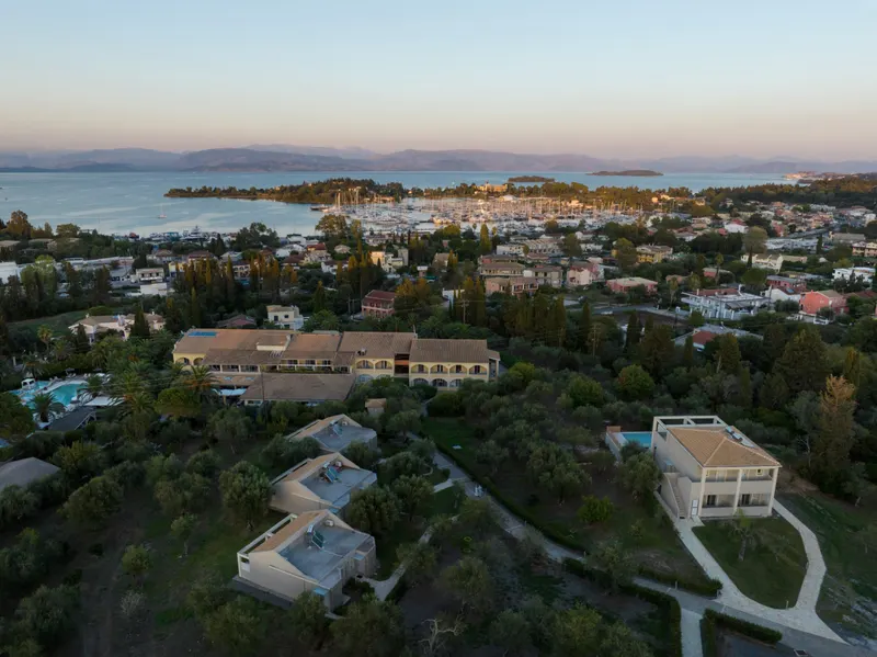 Aerial view of the hotel and pool