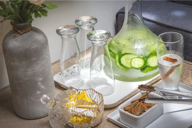 Infused water and tea set out in the thermal area