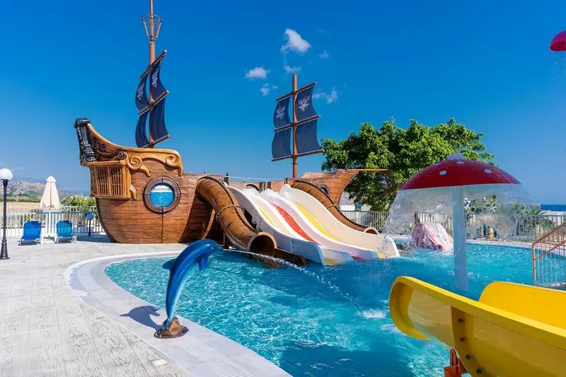 Pirate ship slides in the splash pool