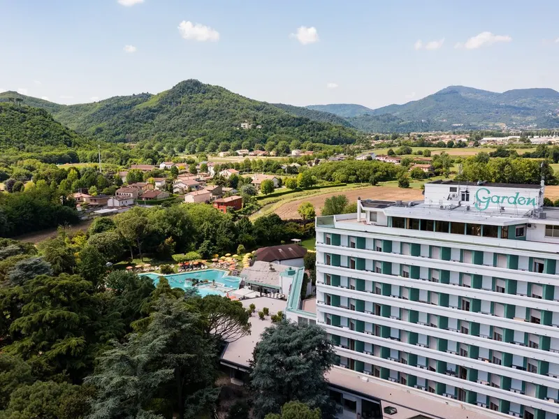 Aerial view of the hotel and pools