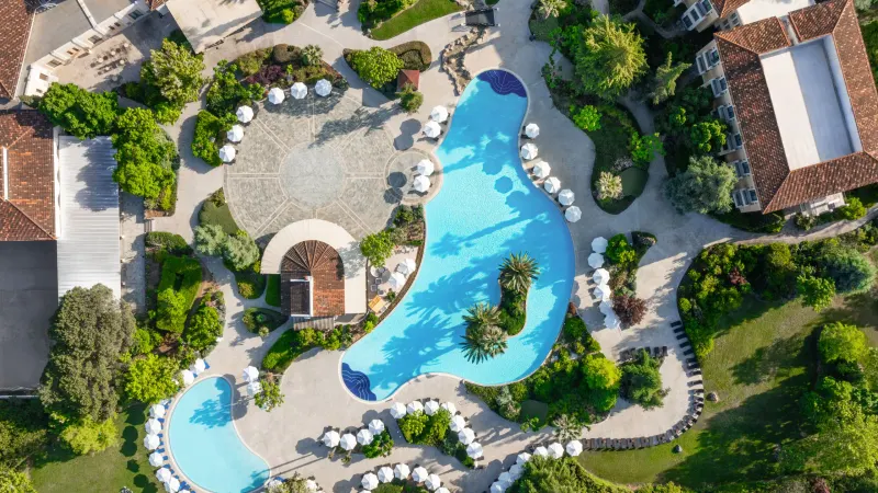 Aerial view of the pools and gardens