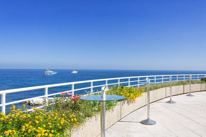Sea-view terrace with railing, flowers and yachts on the Mediterranean
