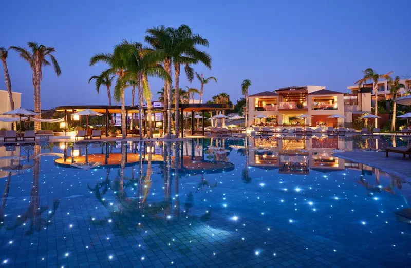 Main pool lit up at dusk with palm trees