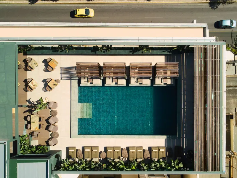 Aerial view of the rooftop pool and sunbeds
