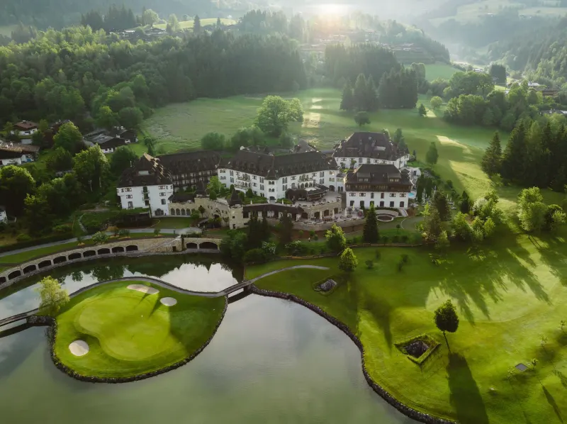 Aerial view of the hotel and golf course