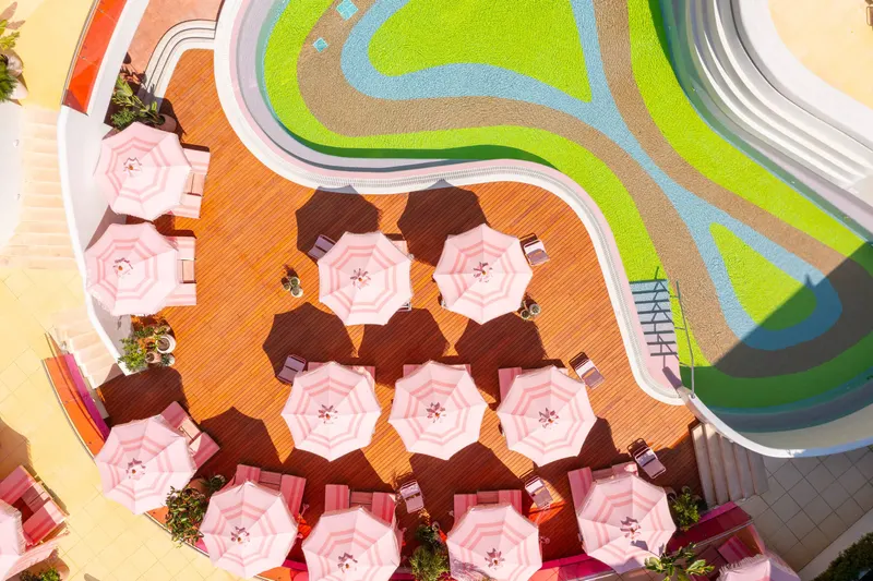 Drone view of the pool and hotel
